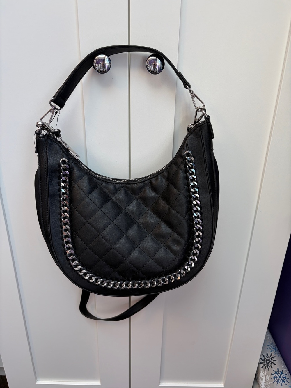 INC International Concepts Black Quilted Hobo with Silver Chain Trim